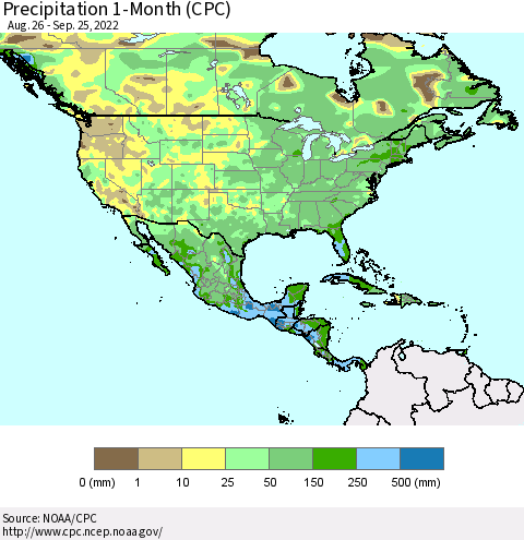 North America Precipitation 1-Month (CPC) Thematic Map For 8/26/2022 - 9/25/2022