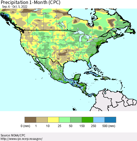 North America Precipitation 1-Month (CPC) Thematic Map For 9/6/2022 - 10/5/2022