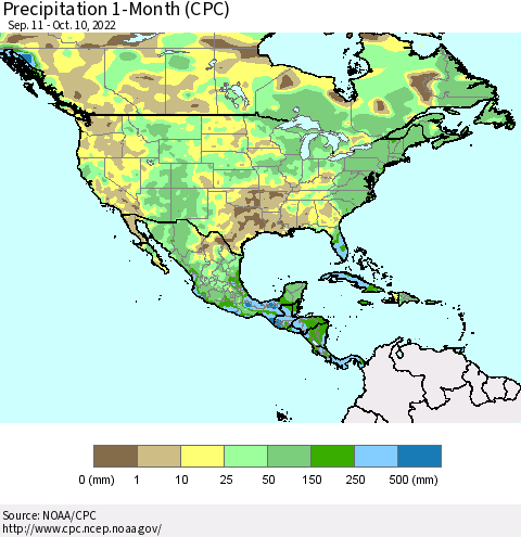 North America Precipitation 1-Month (CPC) Thematic Map For 9/11/2022 - 10/10/2022