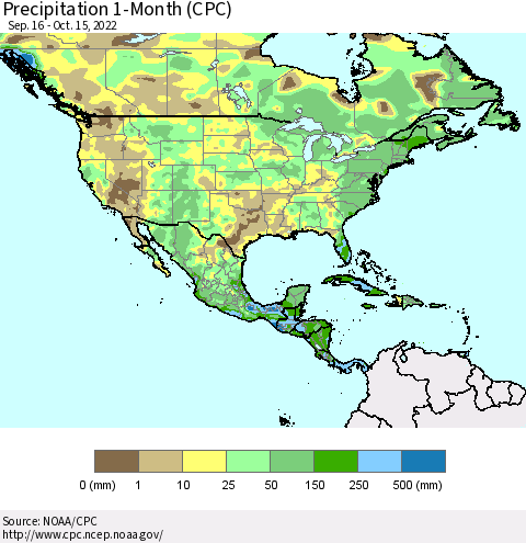 North America Precipitation 1-Month (CPC) Thematic Map For 9/16/2022 - 10/15/2022