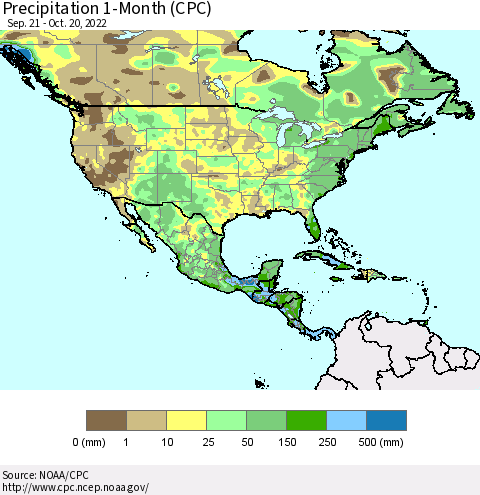 North America Precipitation 1-Month (CPC) Thematic Map For 9/21/2022 - 10/20/2022