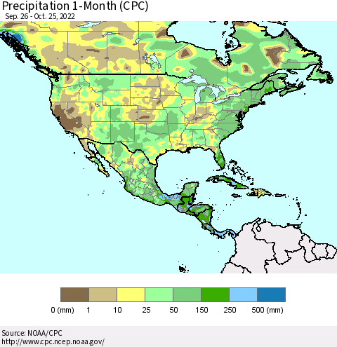 North America Precipitation 1-Month (CPC) Thematic Map For 9/26/2022 - 10/25/2022