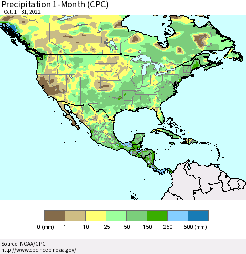 North America Precipitation 1-Month (CPC) Thematic Map For 10/1/2022 - 10/31/2022