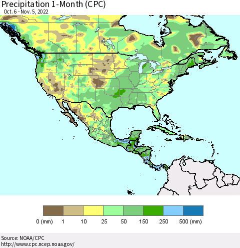 North America Precipitation 1-Month (CPC) Thematic Map For 10/6/2022 - 11/5/2022