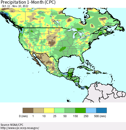 North America Precipitation 1-Month (CPC) Thematic Map For 10/11/2022 - 11/10/2022