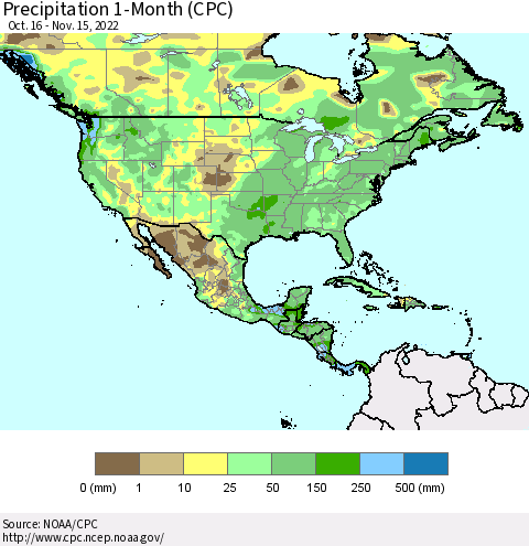 North America Precipitation 1-Month (CPC) Thematic Map For 10/16/2022 - 11/15/2022