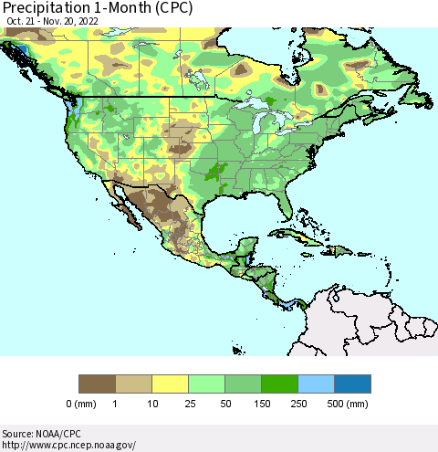 North America Precipitation 1-Month (CPC) Thematic Map For 10/21/2022 - 11/20/2022
