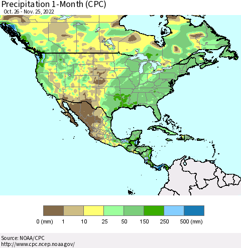 North America Precipitation 1-Month (CPC) Thematic Map For 10/26/2022 - 11/25/2022