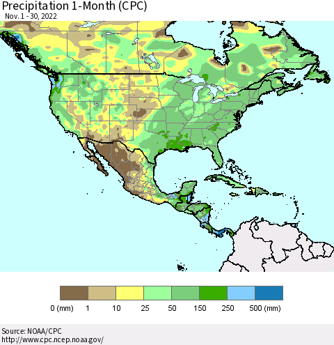 North America Precipitation 1-Month (CPC) Thematic Map For 11/1/2022 - 11/30/2022