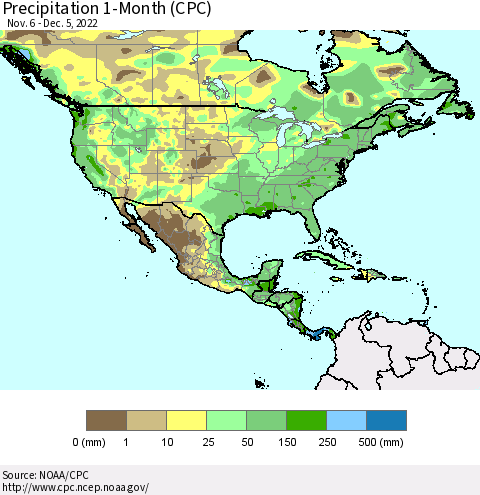 North America Precipitation 1-Month (CPC) Thematic Map For 11/6/2022 - 12/5/2022