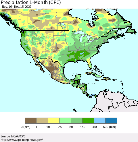 North America Precipitation 1-Month (CPC) Thematic Map For 11/16/2022 - 12/15/2022