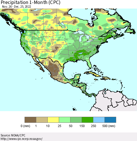 North America Precipitation 1-Month (CPC) Thematic Map For 11/26/2022 - 12/25/2022