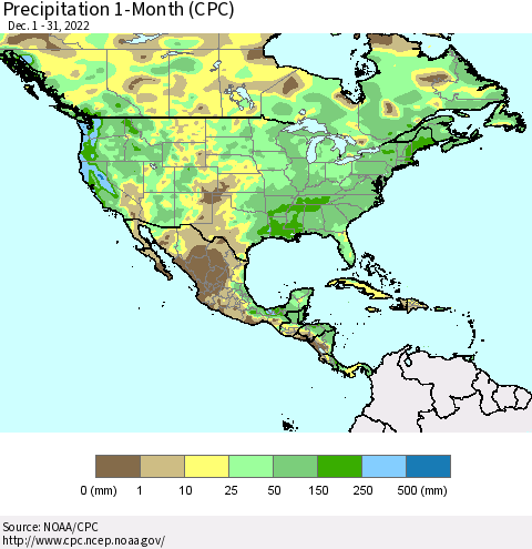 North America Precipitation 1-Month (CPC) Thematic Map For 12/1/2022 - 12/31/2022