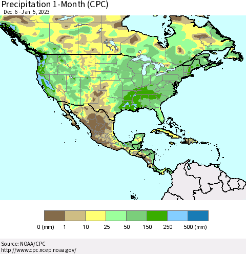 North America Precipitation 1-Month (CPC) Thematic Map For 12/6/2022 - 1/5/2023