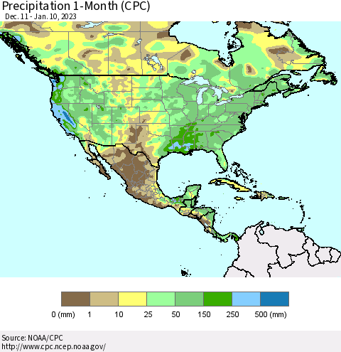 North America Precipitation 1-Month (CPC) Thematic Map For 12/11/2022 - 1/10/2023