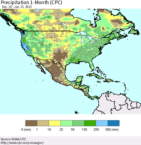 North America Precipitation 1-Month (CPC) Thematic Map For 12/16/2022 - 1/15/2023