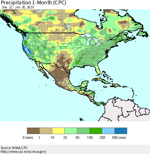 North America Precipitation 1-Month (CPC) Thematic Map For 12/21/2022 - 1/20/2023