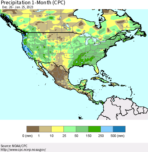 North America Precipitation 1-Month (CPC) Thematic Map For 12/26/2022 - 1/25/2023