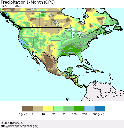 North America Precipitation 1-Month (CPC) Thematic Map For 1/1/2023 - 1/31/2023