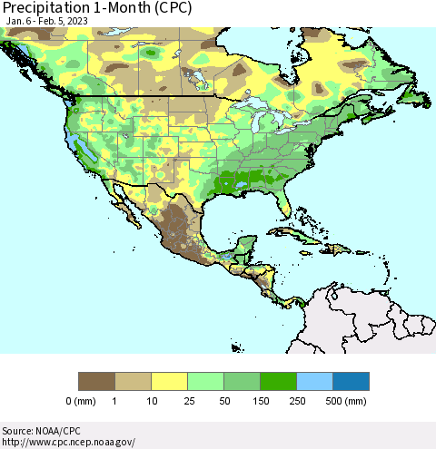 North America Precipitation 1-Month (CPC) Thematic Map For 1/6/2023 - 2/5/2023