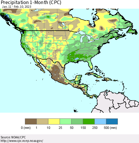 North America Precipitation 1-Month (CPC) Thematic Map For 1/11/2023 - 2/10/2023