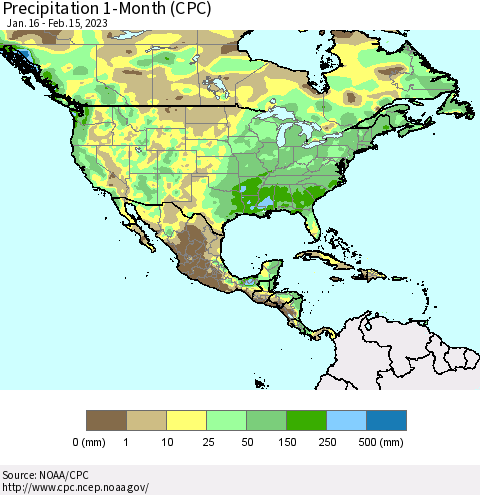 North America Precipitation 1-Month (CPC) Thematic Map For 1/16/2023 - 2/15/2023