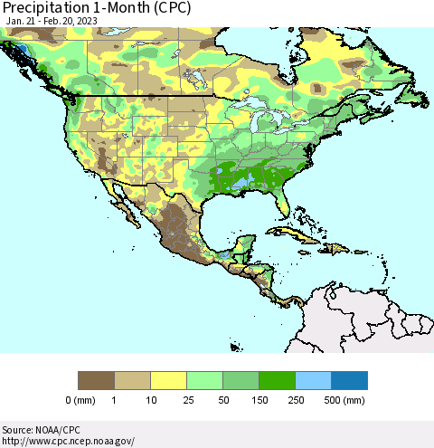 North America Precipitation 1-Month (CPC) Thematic Map For 1/21/2023 - 2/20/2023