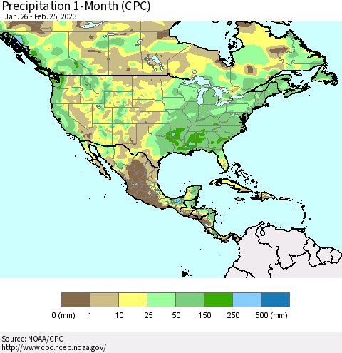 North America Precipitation 1-Month (CPC) Thematic Map For 1/26/2023 - 2/25/2023
