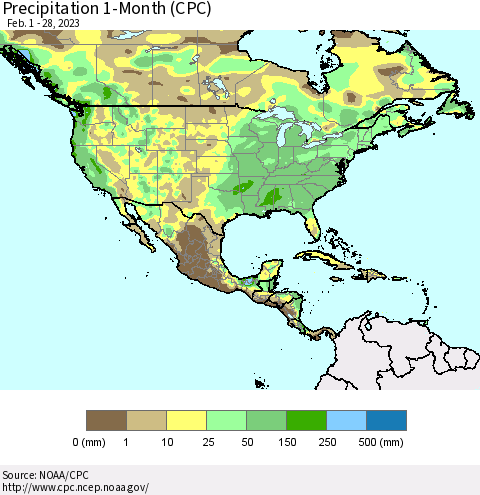 North America Precipitation 1-Month (CPC) Thematic Map For 2/1/2023 - 2/28/2023