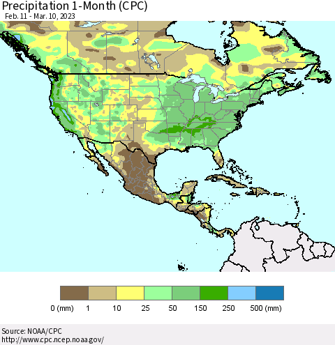 North America Precipitation 1-Month (CPC) Thematic Map For 2/11/2023 - 3/10/2023