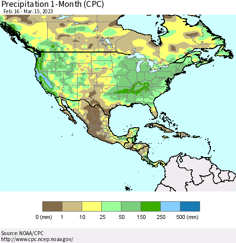 North America Precipitation 1-Month (CPC) Thematic Map For 2/16/2023 - 3/15/2023