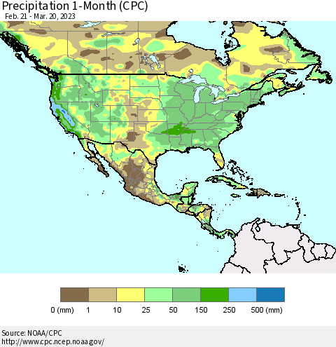 North America Precipitation 1-Month (CPC) Thematic Map For 2/21/2023 - 3/20/2023