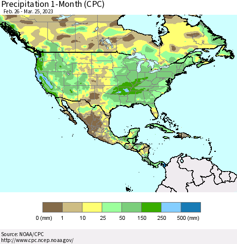 North America Precipitation 1-Month (CPC) Thematic Map For 2/26/2023 - 3/25/2023