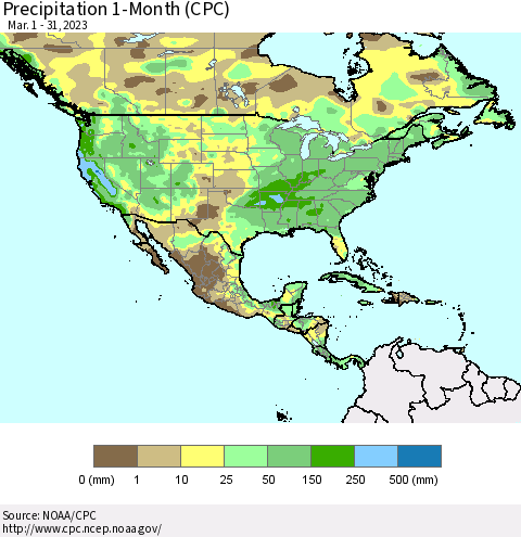 North America Precipitation 1-Month (CPC) Thematic Map For 3/1/2023 - 3/31/2023