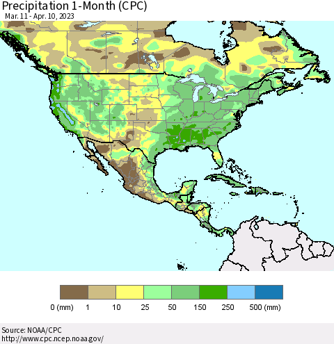 North America Precipitation 1-Month (CPC) Thematic Map For 3/11/2023 - 4/10/2023