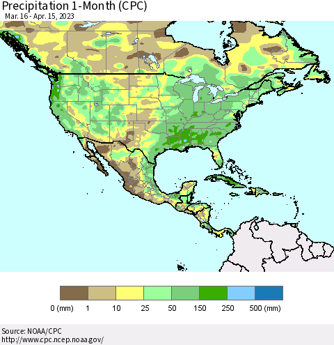 North America Precipitation 1-Month (CPC) Thematic Map For 3/16/2023 - 4/15/2023