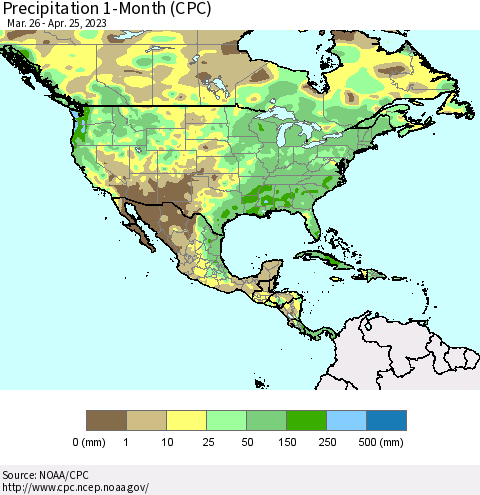 North America Precipitation 1-Month (CPC) Thematic Map For 3/26/2023 - 4/25/2023