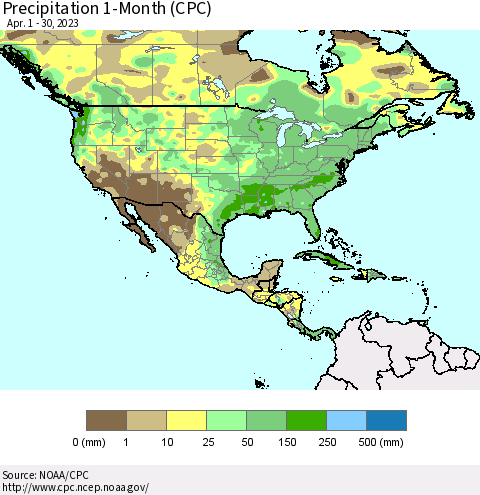 North America Precipitation 1-Month (CPC) Thematic Map For 4/1/2023 - 4/30/2023