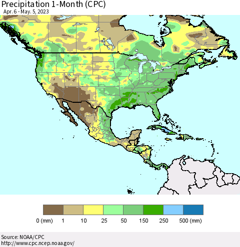 North America Precipitation 1-Month (CPC) Thematic Map For 4/6/2023 - 5/5/2023