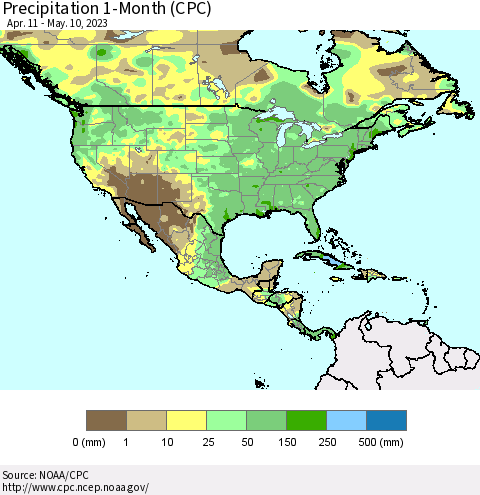 North America Precipitation 1-Month (CPC) Thematic Map For 4/11/2023 - 5/10/2023