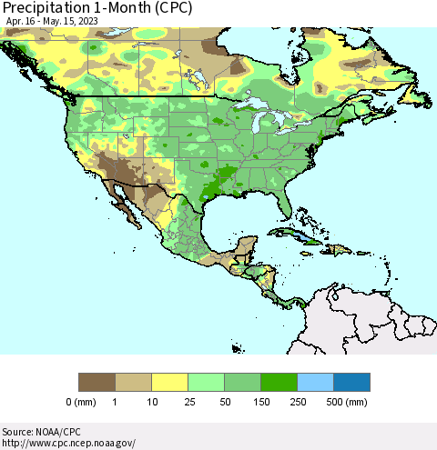 North America Precipitation 1-Month (CPC) Thematic Map For 4/16/2023 - 5/15/2023