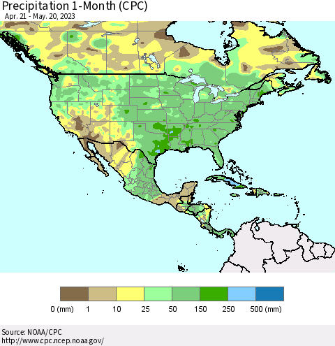 North America Precipitation 1-Month (CPC) Thematic Map For 4/21/2023 - 5/20/2023