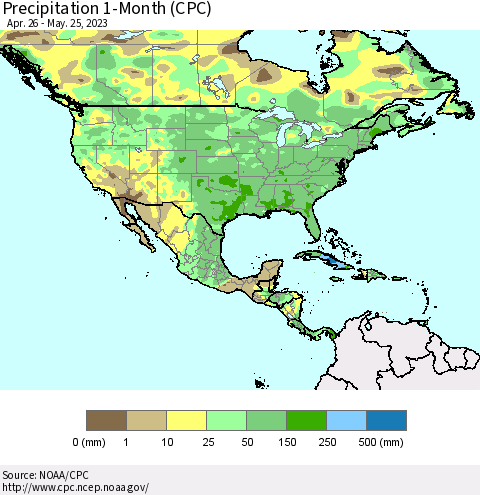 North America Precipitation 1-Month (CPC) Thematic Map For 4/26/2023 - 5/25/2023