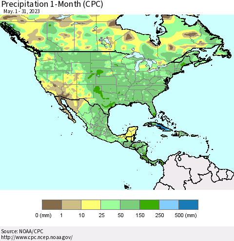 North America Precipitation 1-Month (CPC) Thematic Map For 5/1/2023 - 5/31/2023