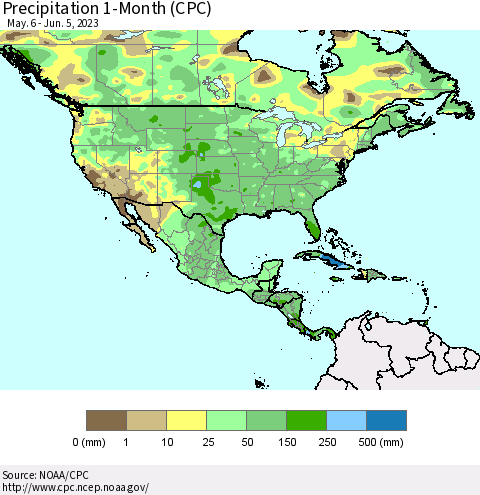 North America Precipitation 1-Month (CPC) Thematic Map For 5/6/2023 - 6/5/2023