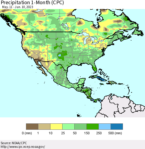 North America Precipitation 1-Month (CPC) Thematic Map For 5/11/2023 - 6/10/2023