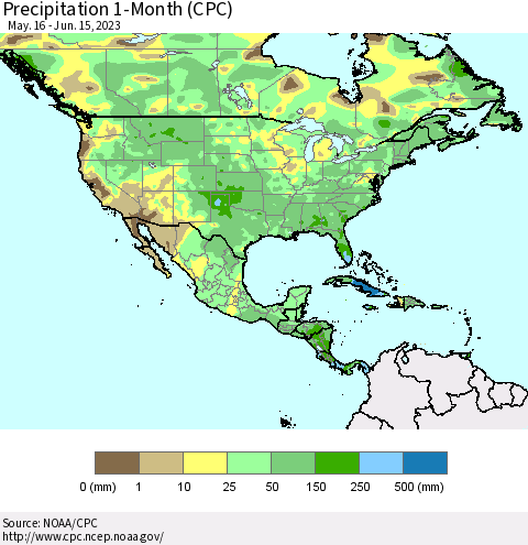 North America Precipitation 1-Month (CPC) Thematic Map For 5/16/2023 - 6/15/2023