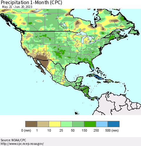 North America Precipitation 1-Month (CPC) Thematic Map For 5/21/2023 - 6/20/2023