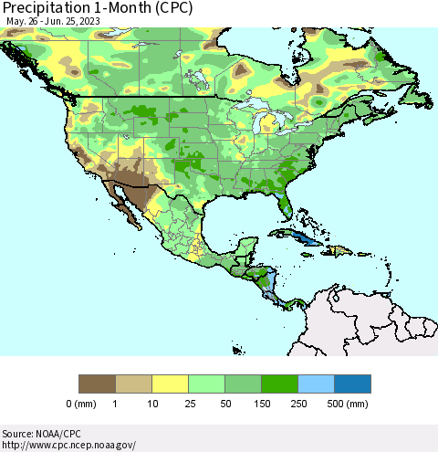 North America Precipitation 1-Month (CPC) Thematic Map For 5/26/2023 - 6/25/2023