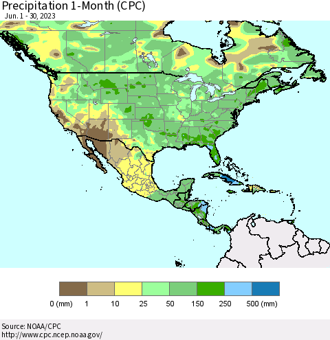 North America Precipitation 1-Month (CPC) Thematic Map For 6/1/2023 - 6/30/2023